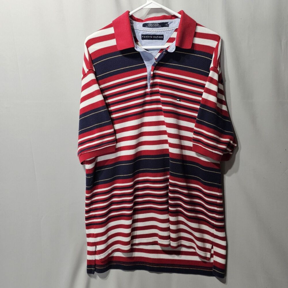 TOMMY HILFIGER Striped White Navy The 1985 Polo Shirt Classic Fit Cotton XL